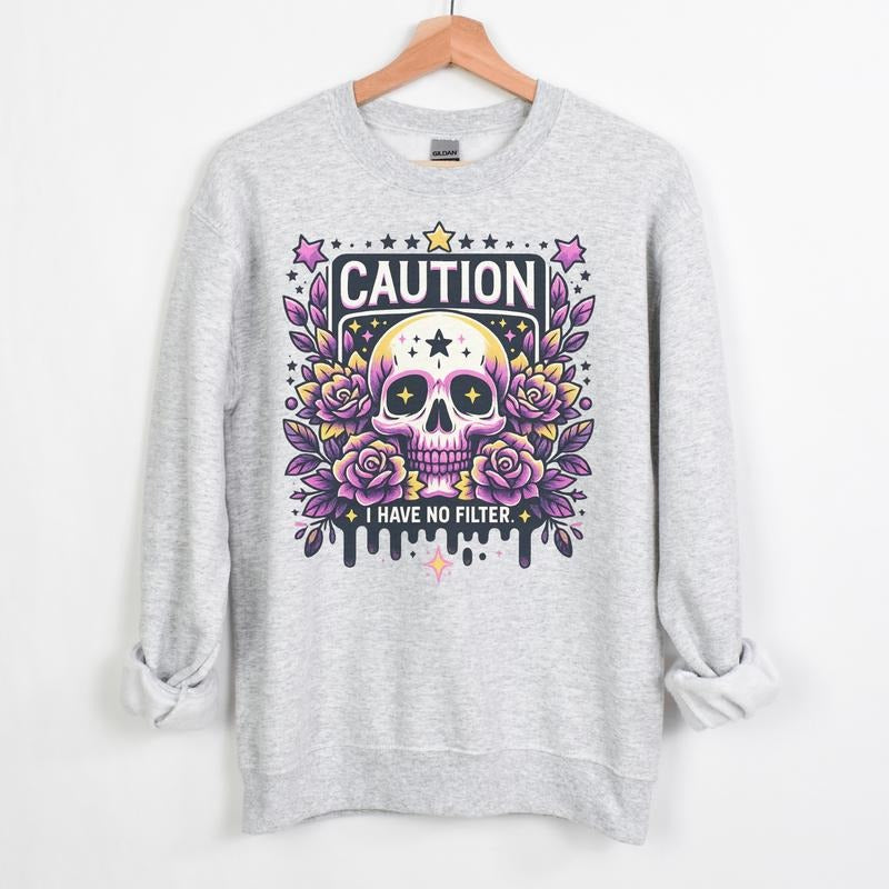 CAUTION I HAVE NO FILTER Graphic Tees Casual Long Sleeve Crewneck Hoodie Grunge Alt Aesthetic Edgy Streetwear Womenswear...