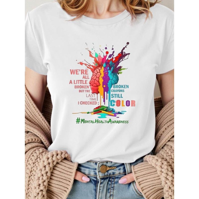 COTTEAN Women's Breathable T-Shirt - Artistic Broken Crayon Design with Inspirational Quote, Casual Sporty Style, Short...