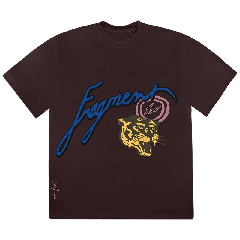 Cactus Jack x Fragment Design Icons Tee Brown Men's T-Shirt with Tiger Head Lightning Bolt & Logo Motifs Sizes S-2XL...