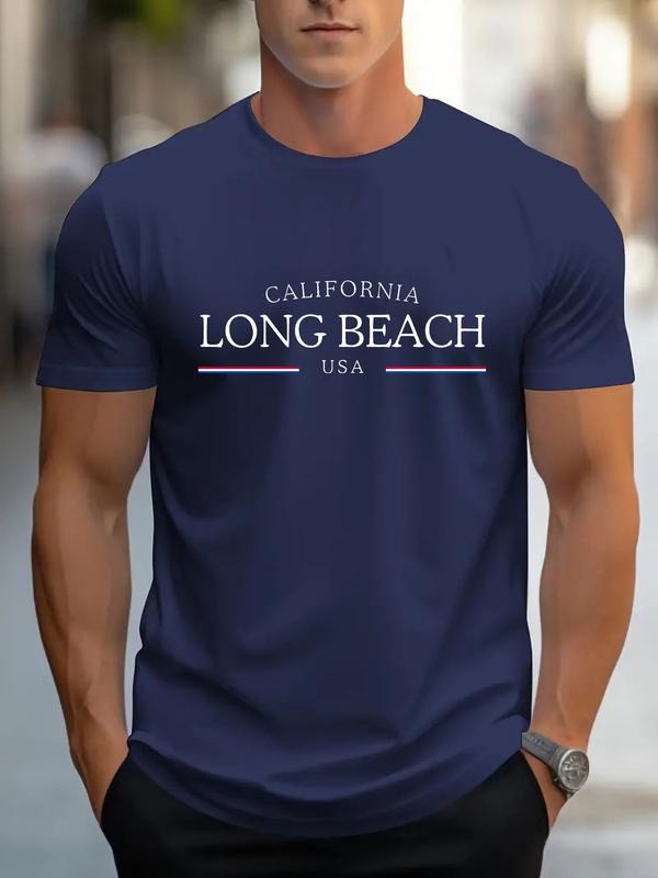 California Long Beach Letter Print T-Shirt, Short Sleeve Casual Summer Top, Fitted Moderate Fabric Trendy Streetwear...