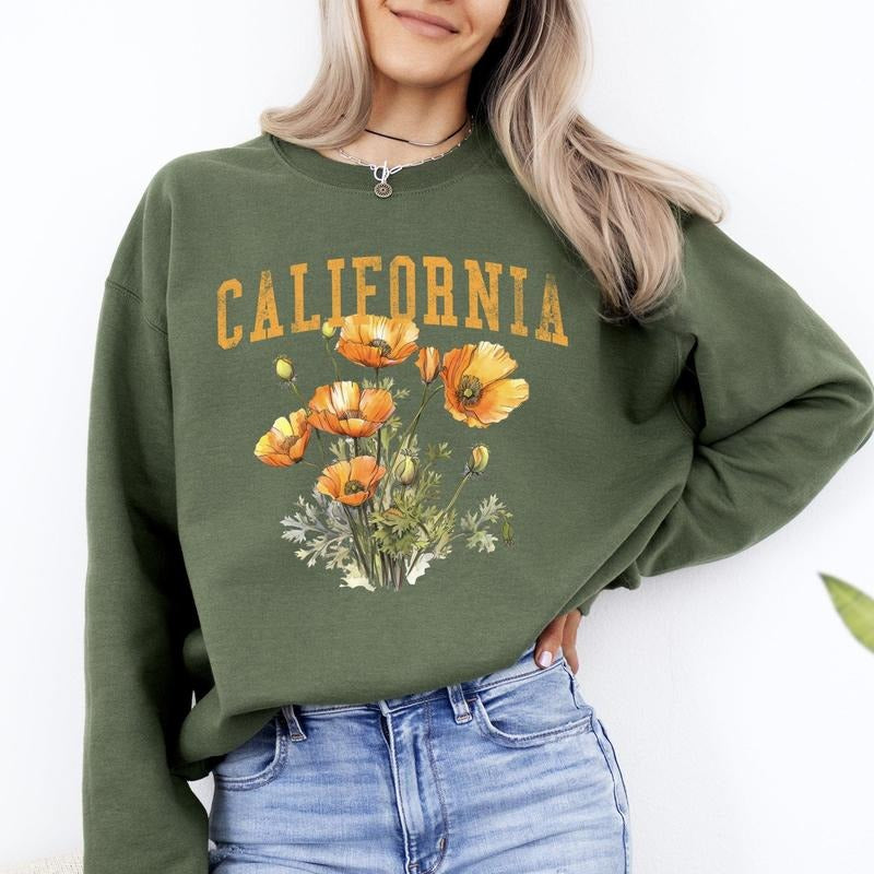 California State Flower Sweatshirt, Crew Neck, Women's, Crewneck T-Shirts, Hoodie | PodTeesHub.com