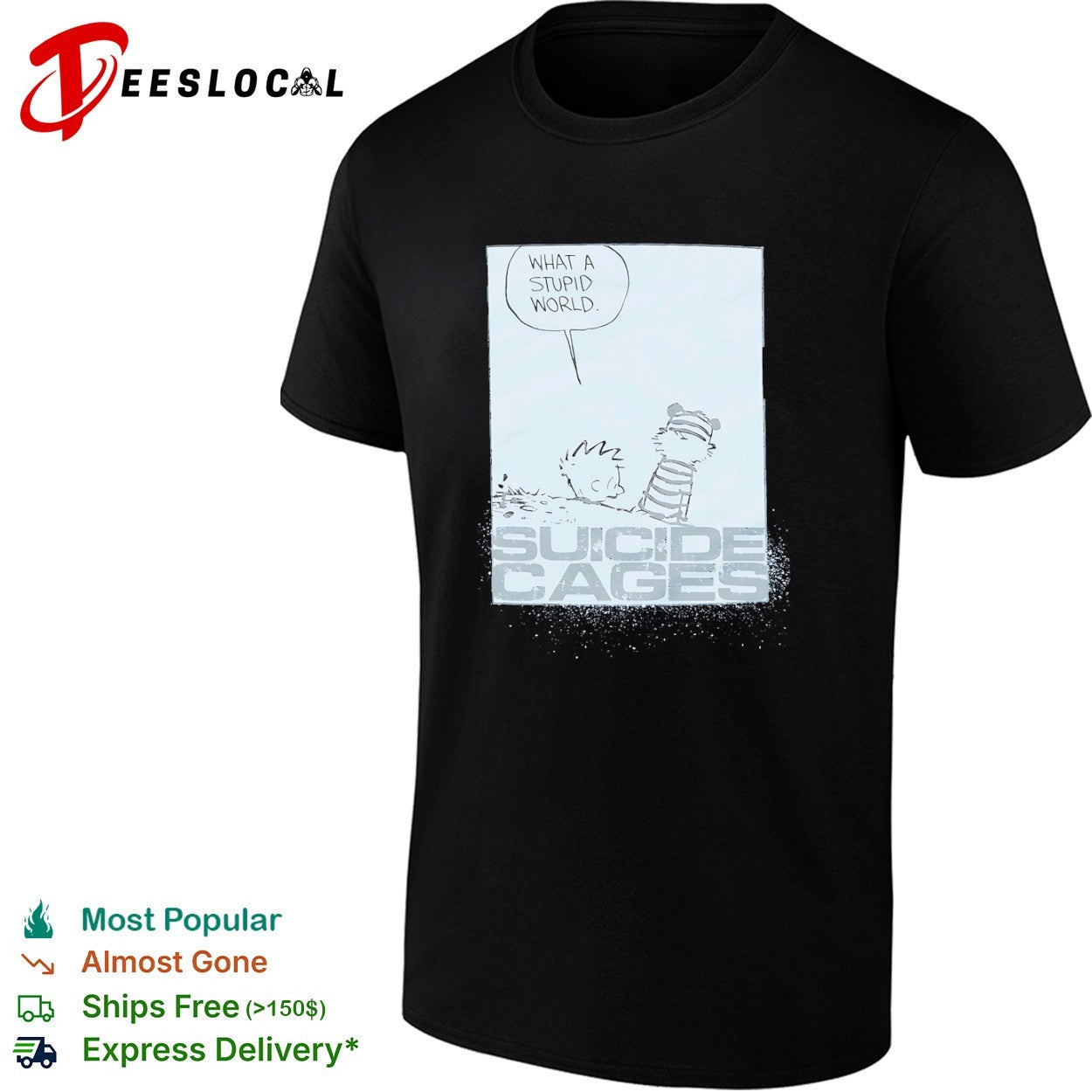 Calvin and Hobbes What a Stupid World Suicide Cages shirt