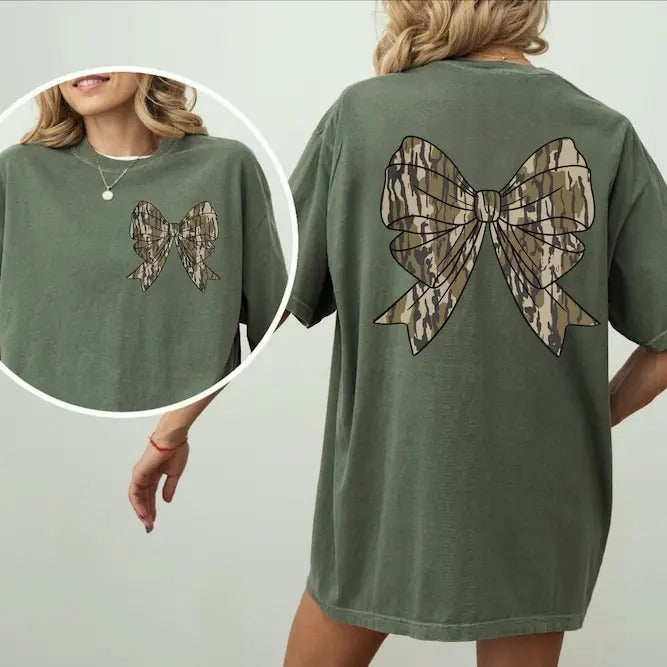 Camo Bow Shirt, Camo Coquette Bow Shirt, Duck Hunting Shirt, Old School Camo Shirt, Fall Shirt, Women's Camouflage Bow...