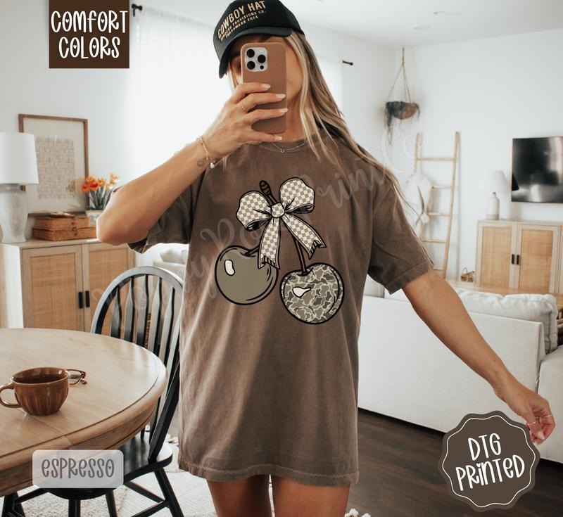Camo Cherry Shirt Comfort Colors, Women's Camo Tee, Cute Women's Tshirt Hoodie, Sweatshirt | PodTeesHub.com
