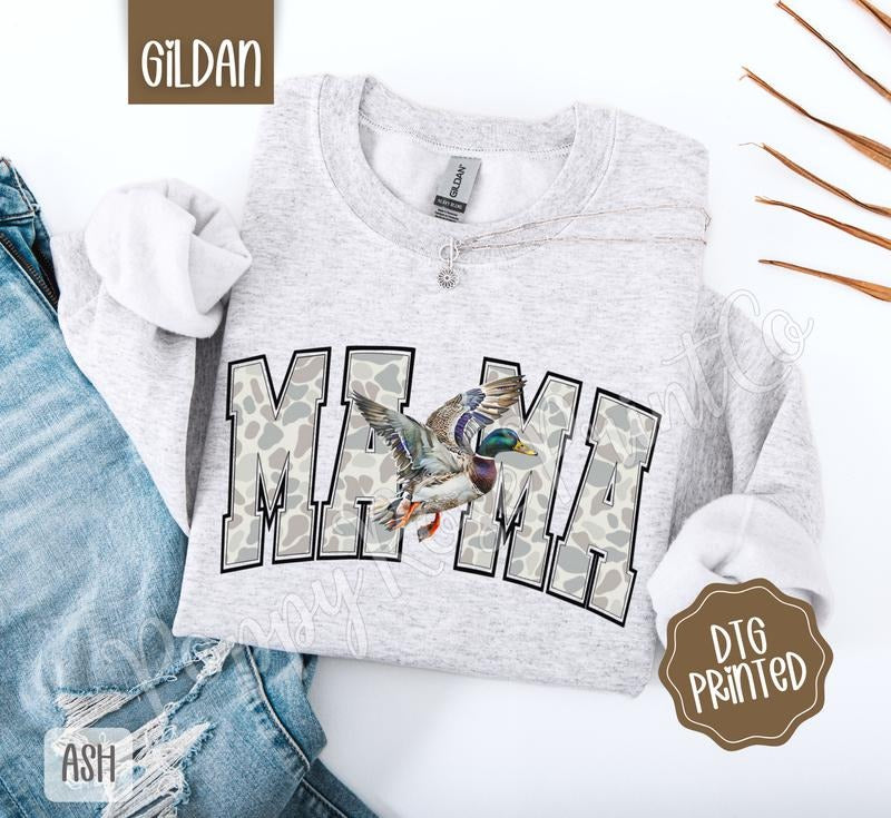 Camo Duck Mama Sweatshirt, Hunting Crewneck, Cute Women's Sweater, Gift for Her T-Shirts, Hoodie | PodTeesHub.com