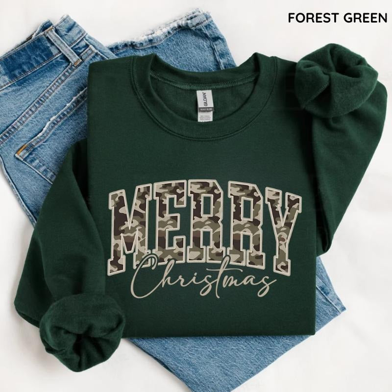 Camo Merry Christmas Sweatshirt, Retro Merry Varsity Sweatshirt, Coquette Merry Christmas Sweater, Trendy Holiday...
