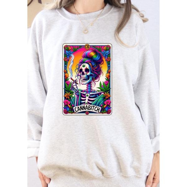 Cannabitch Tarot Sweatshirt Softstyle Tee with DTF Transfer Featuring Colorful Skull Design Hoodie | PodTeesHub.com