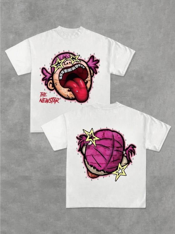 Cartoon Pig Head Print Short Sleeve T-Shirt Funny Star Tongue Design Casual Fit Comfortable Daily Wear Gift Idea Hoodie,...