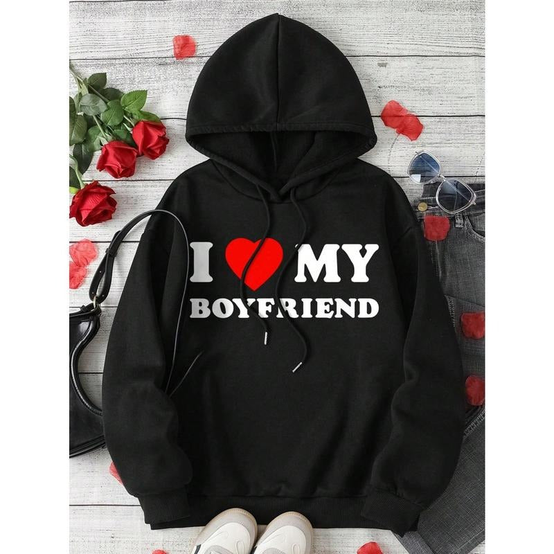 Casual "I Love My Boyfriend" Slogan Heart Pattern Drawstring Hooded Plus Size Women's Sweatshirt For Fall And Winter Long...