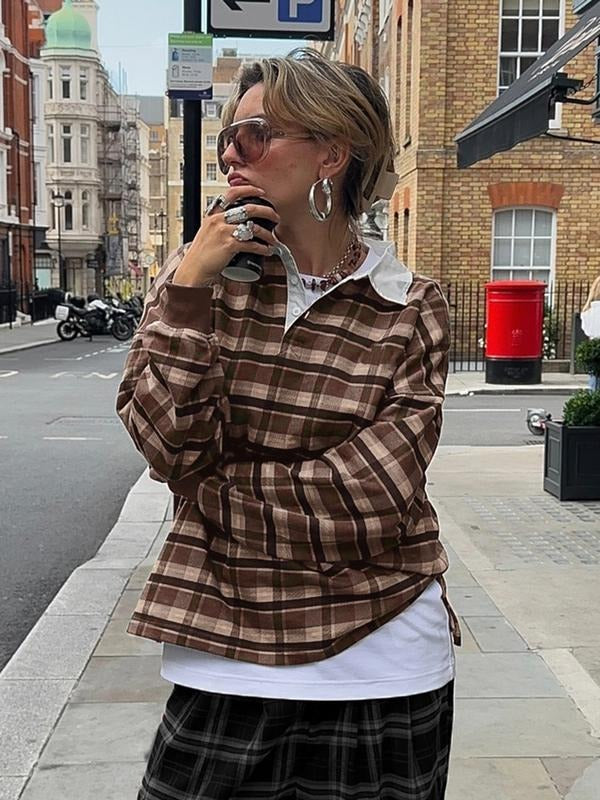Casual Checkered Polo Neck Pullover Sweatshirt, Loose-Fitting Knit Fabric for Spring and Fall, Trendy Streetwear for Men...