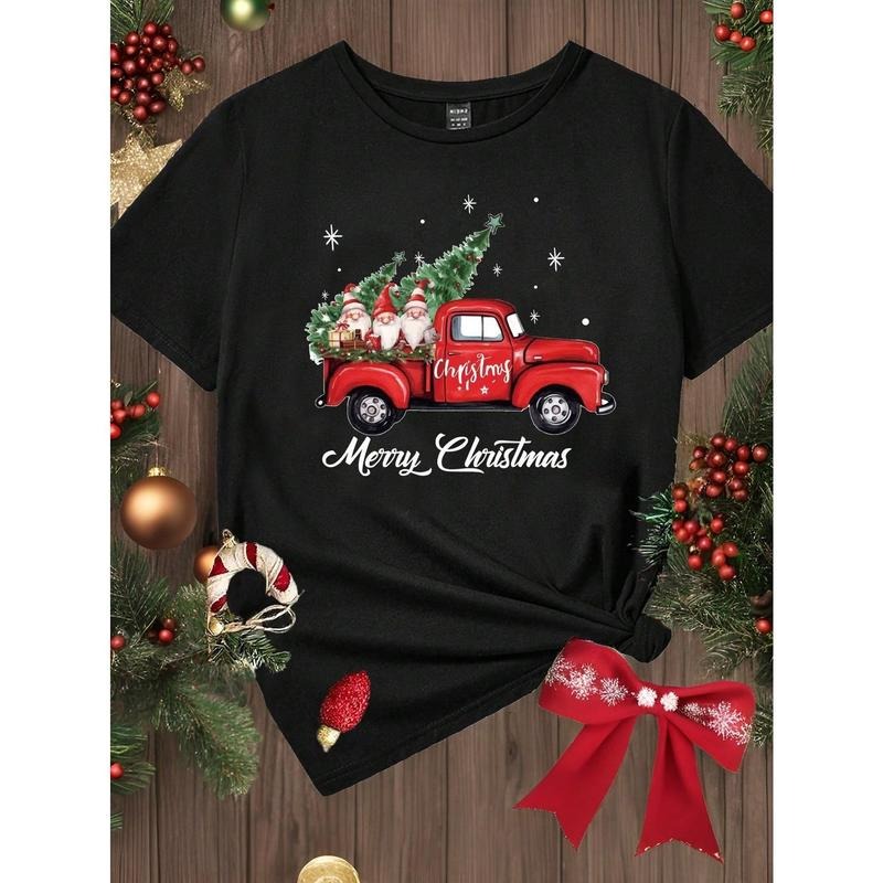 Casual Christmas Cars & Christmas Tree Pattern Loose Round Neck Short Sleeve Women T-Shirt, Summer Hoodie, Sweatshirt