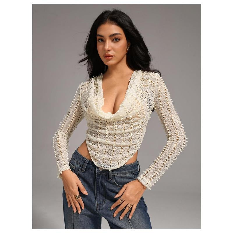 Casual Fall Tops Lace Draped Front Tee Shirt Long Sleeve Y2k Crop Tops Hoodie, Sweatshirt | PodTeesHub.com