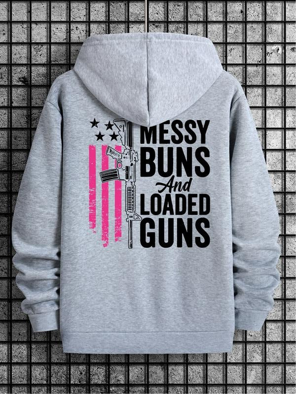 Casual Letter Print Hoodie with Gun Design, Relaxed Fit Spring & Fall Sweatshirt for Women, Moderate Thickness Kint...