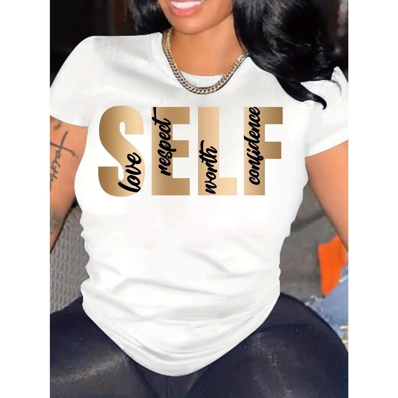 Casual Short Sleeve Letter Print Crew Neck T-Shirt for Spring & Summer, Women's Clothing Hoodie, Sweatshirt | PodTeesHub.com