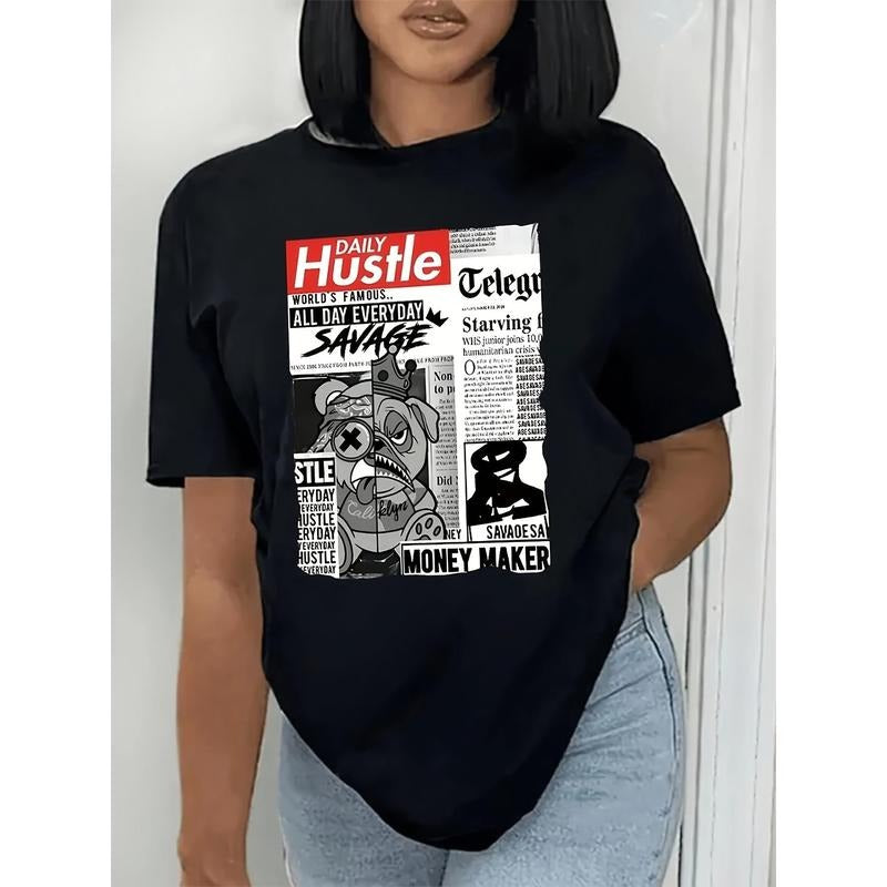 Casual Short Sleeve Newspaper Print Crew Neck - Women's Spring & Summer T-Shirt Hoodie, Sweatshirt | PodTeesHub.com