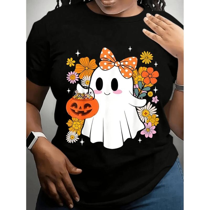 Casual Short Sleeve T-Shirt for Plus Size Women Featuring Soft Breathable Fabric Playful Ghost and Floral Print with...