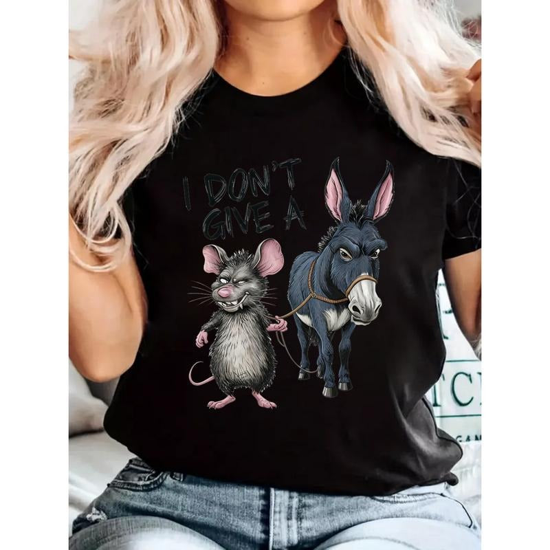 Casual Wear I Don't Care Cotton T-shirt with Mouse and Donkey Vintage Humor Short Sleeve Style Hoodie, Sweatshirt