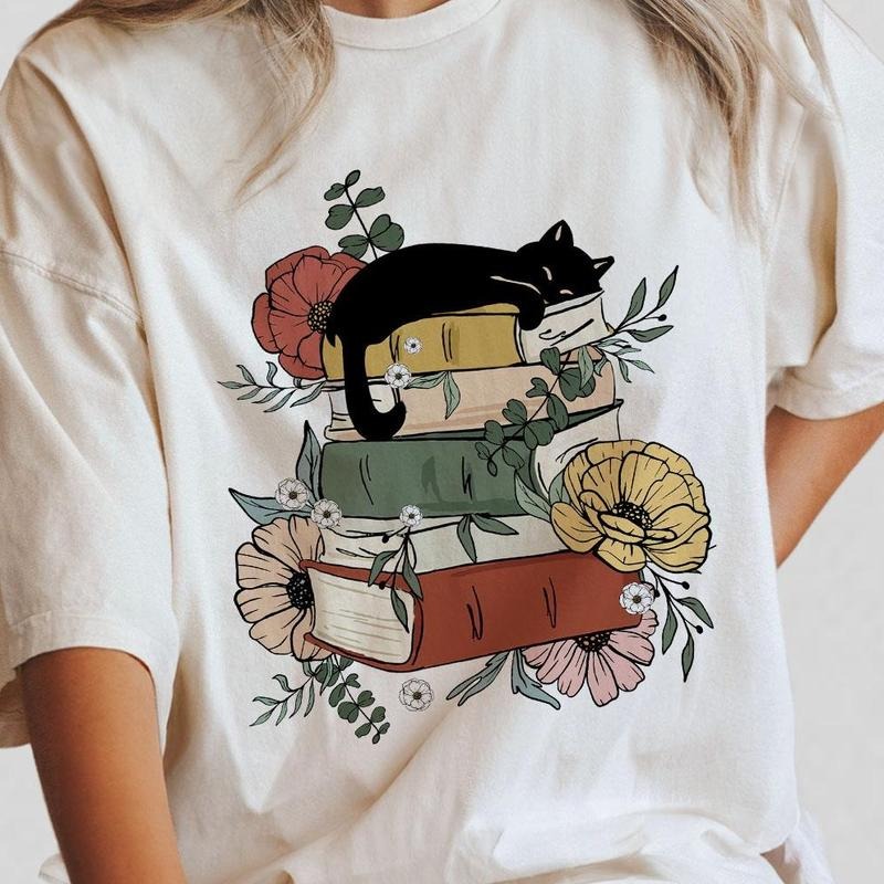Cat Book T-shirt, Comfort Color Shirt For Cat Lover, Book Lover Shirt, Books and Cats Shirts, Reading Shirt, Cat Lover...