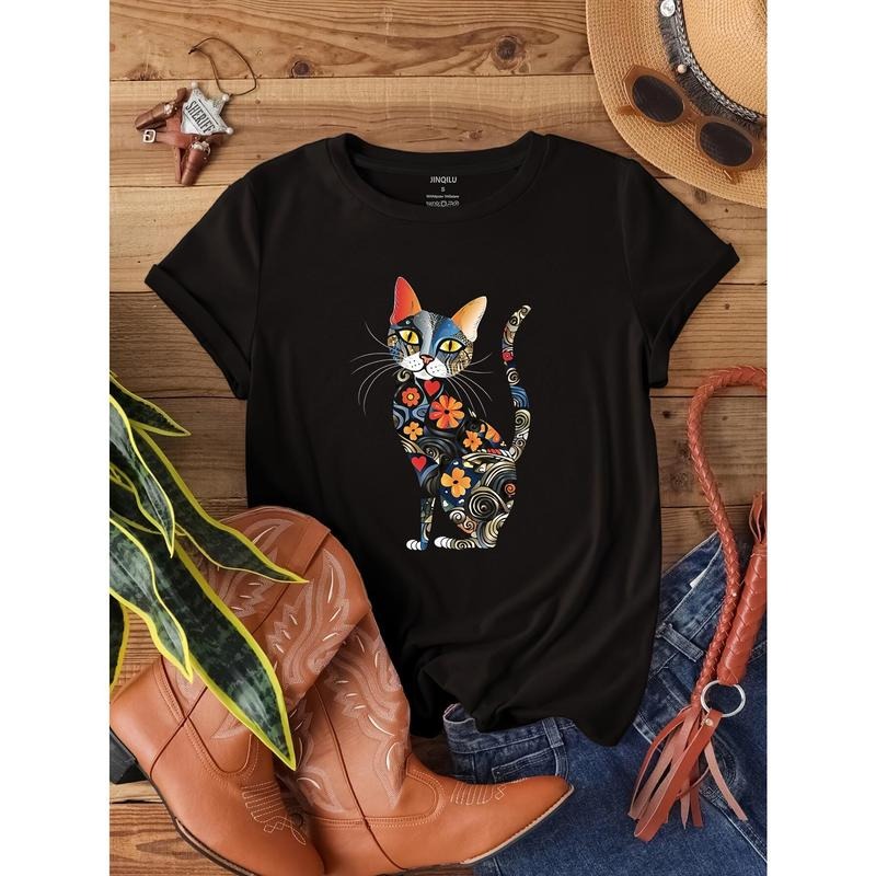 Cat Print Crew Neck T-Shirt, Casual Short Sleeve T-Shirt For Spring & Summer, Women's Clothing Hoodie, Sweatshirt