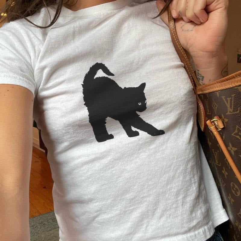 Cat Stretching Graphic Baby Tee, Vintage Halloween, Women's Fitted Shirt, Black Cat, Cat Mom Present, Animal Lover Gifts...