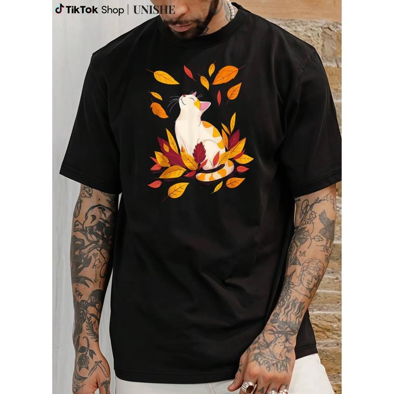 Cat and Fall Leaf Tree Design Hello Autumn Thanksgiving Tee Hoodie, Sweatshirt | PodTeesHub.com