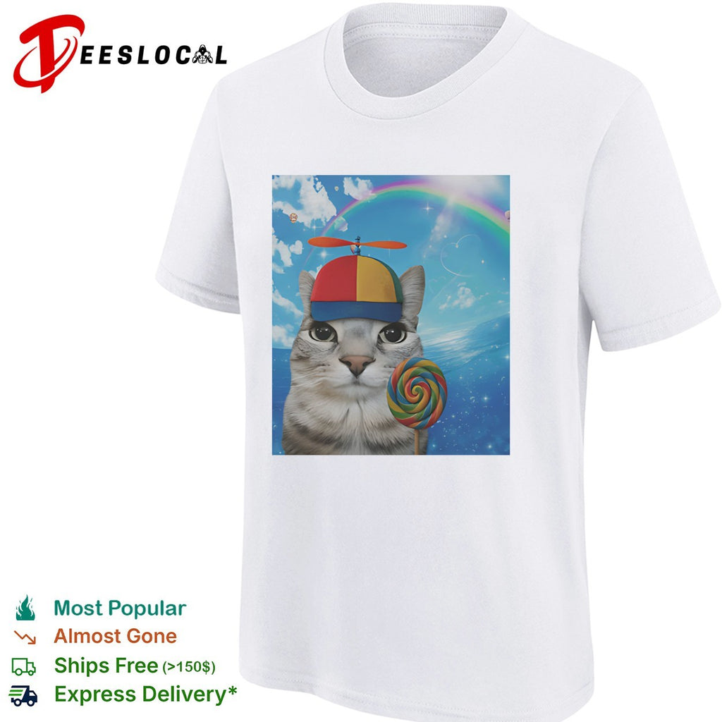 Cat wearing propeller hat holding rainbow lollipop shirt