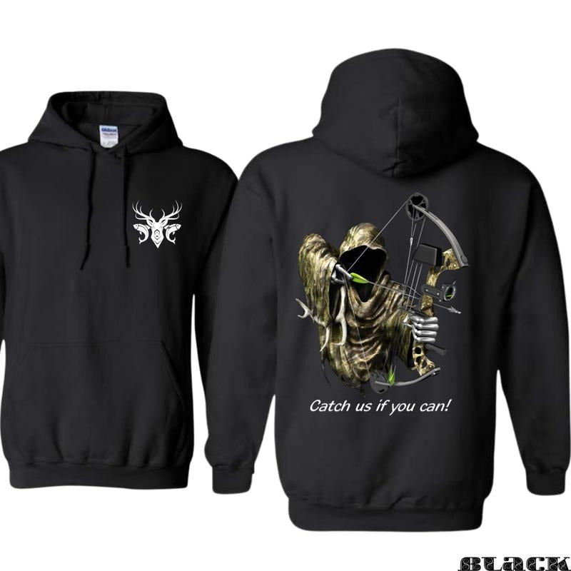 Catch Us If You Can Hoodie - Grim Reaper with Bow Hunting Design, Perfect for Archery Lovers, Outdoor Adventure, Country...