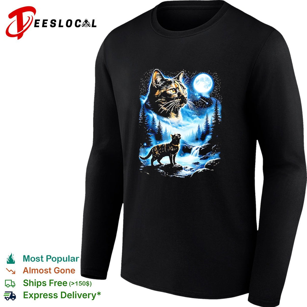 Celestial Cat and Full Moon Mountain Stream Forest Wilderness Night Scene shirt