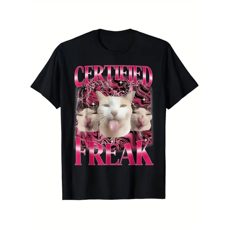 Certified Freak Cat Meme T-Shirt with Floral Accents and Humorous Graphic Design for Casual and Party Wear Hoodie, Sweatshirt