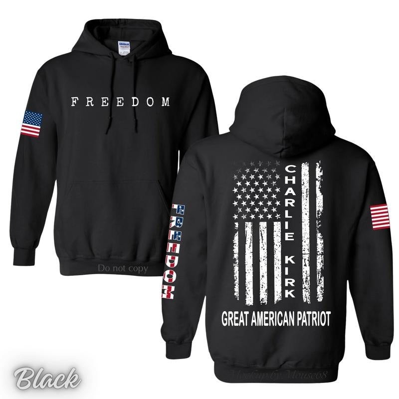 Charlie Kirk Great American Patriot Hoodie - TShirt - Sweatshirt 2Side, Memorial Tribute Tee with US Flag Graphic, Pray...