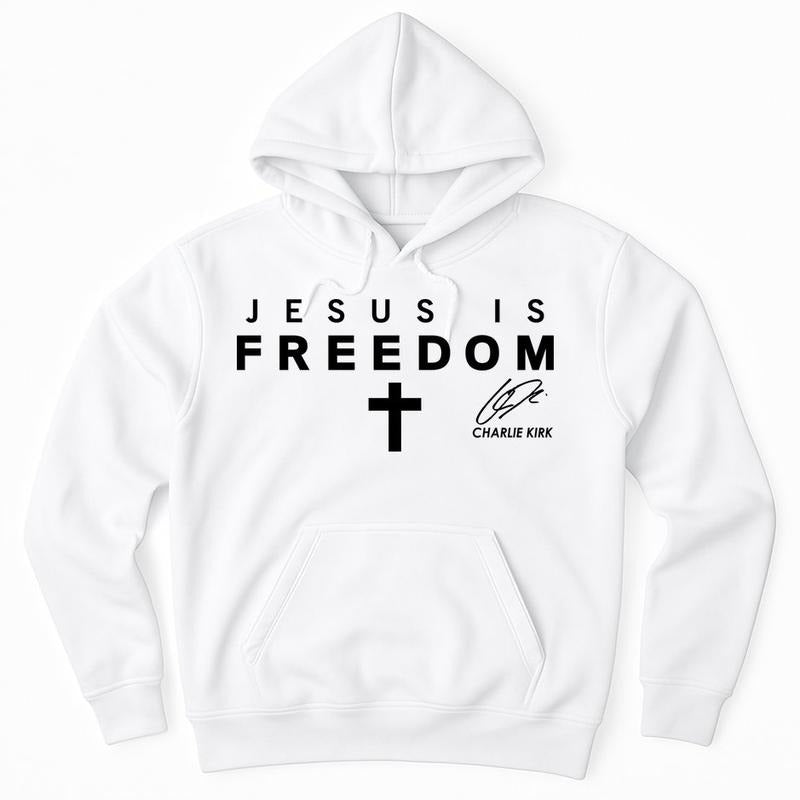 Charlie Kirk Jesus IS Freedom Christian Cross Tribute Christ Is King USA Hoodie White Pullover for Faithful Wear...