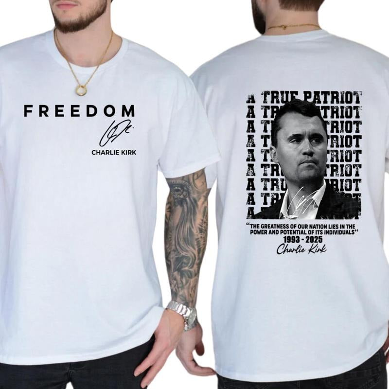 Charlie Kirk Portrait 2 sided T-shirt - A True Patriot, Rest In Peace Charlie Kirk, for Men & Women 100% Cotton, All...