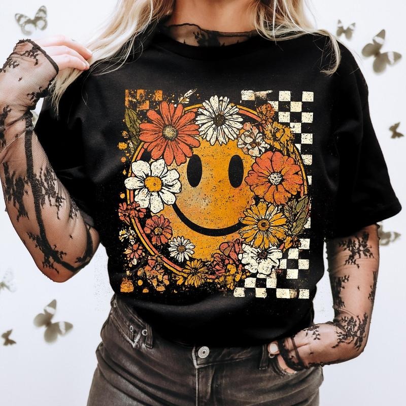 Checkered Boho Floral Smiley Face Fall Pumpkin Shirt, Thanksgiving Autumn  Fall Tee, Pumpkins Boho Floral Top Gift for...