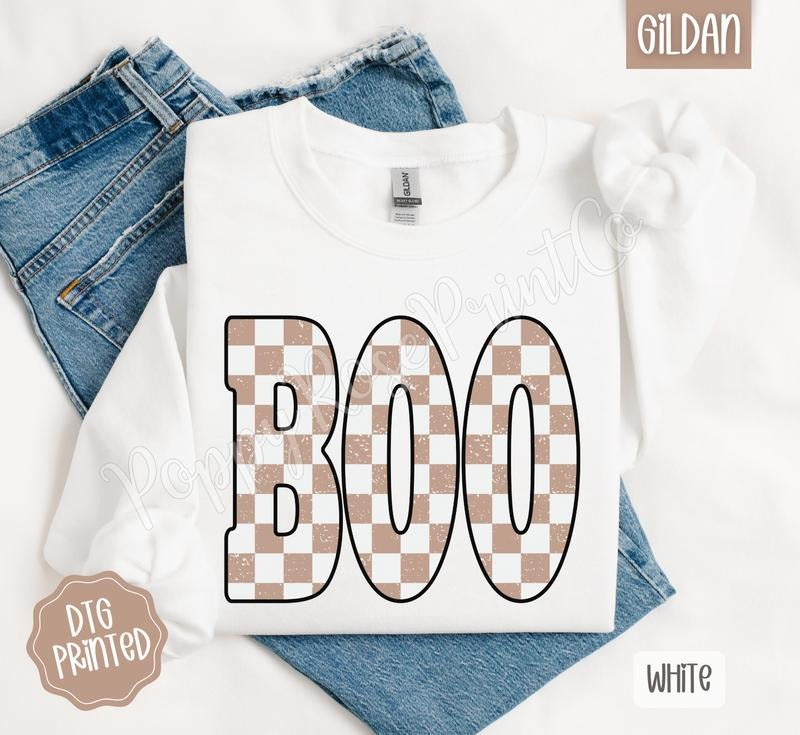 Checkered Boo Sweatshirt, Trendy Women's Halloween Crewneck T-Shirts, Hoodie | PodTeesHub.com