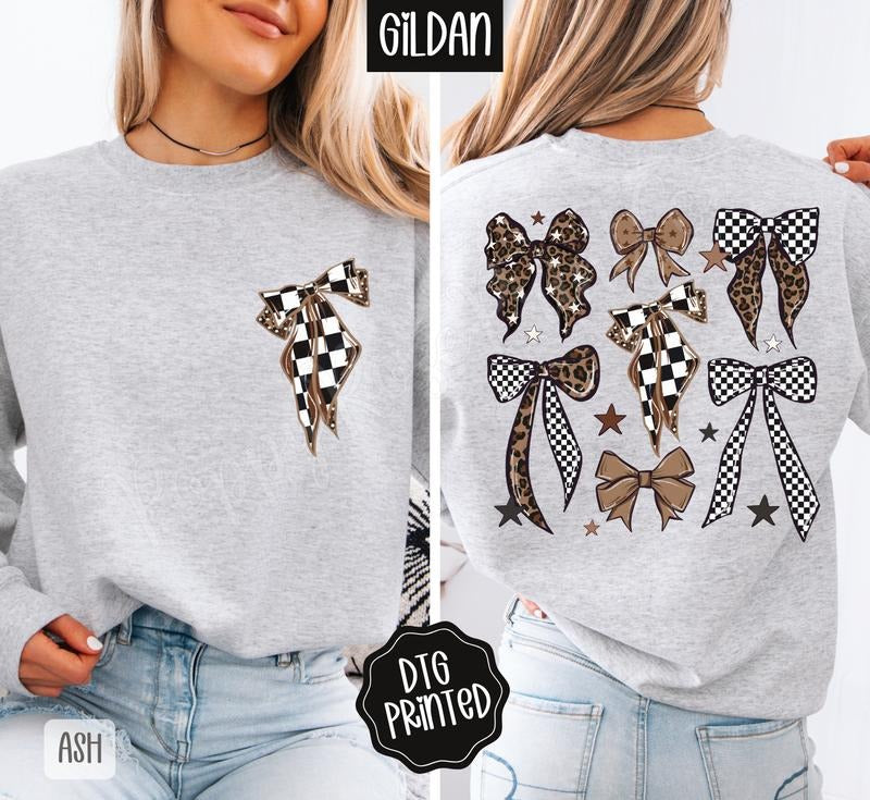 Checkered Bows Front & Back Sweatshirt, Trendy Women's Crewneck T-Shirts, Hoodie | PodTeesHub.com