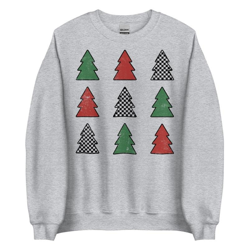 Checkered Christmas Tree Graphic Crewneck Sweatshirt T-Shirts, Hoodie | PodTeesHub.com