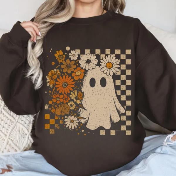 Checkered Ghost Sweatshirt, Cute Fall  Halloween Floral Ghost Shirt Hoodie | PodTeesHub.com
