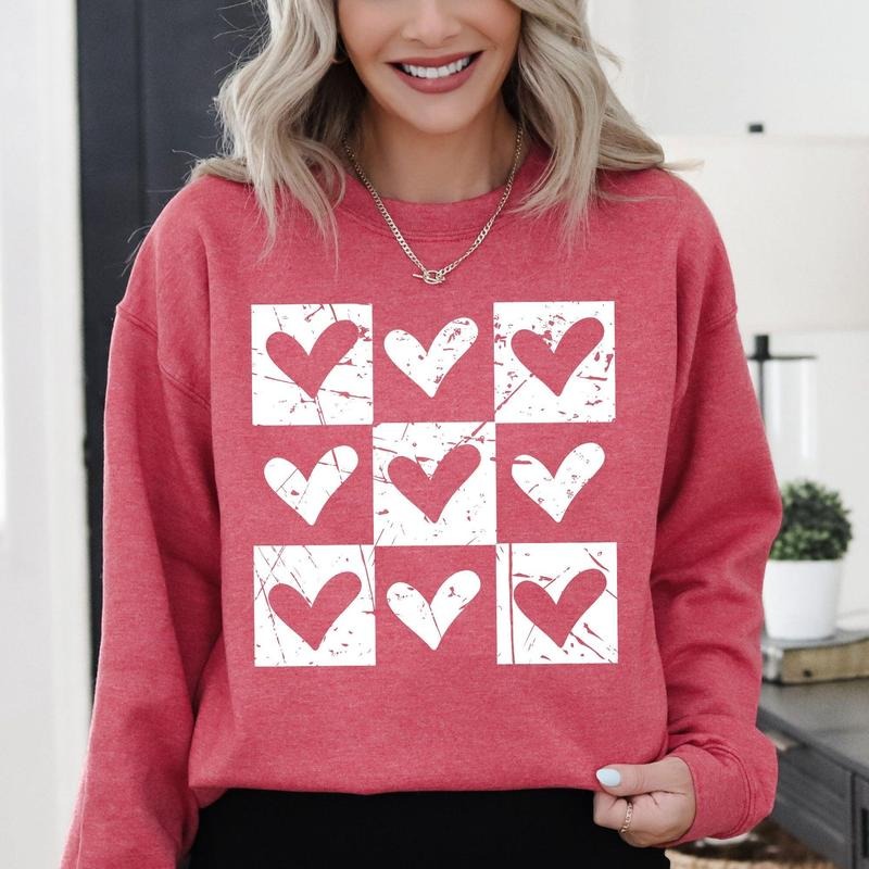 Checkered Hearts, Retro, Minimalist, Love, Valentine's Day Sweatshirt, Crew Neck, Women's, Crewneck, Valentine's Day,...