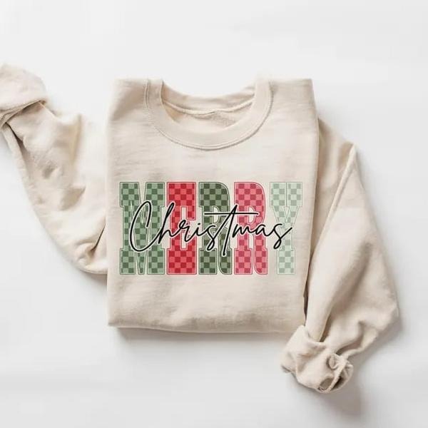 Checkered Merry Christmas sweatshirt, cozy festive holiday pullover with retro charm, warm winter crewneck perfect for...