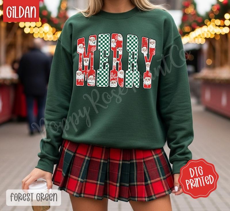 Checkered Merry Sweatshirt, Trendy Women's Christmas Crewneck T-Shirts, Hoodie | PodTeesHub.com