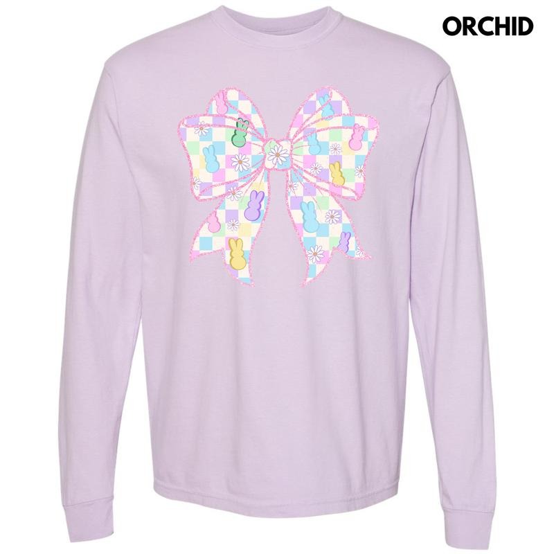 Checkered Peeps Bow Long Sleeve Comfort Colors T-Shirt Hoodie, Sweatshirt | PodTeesHub.com