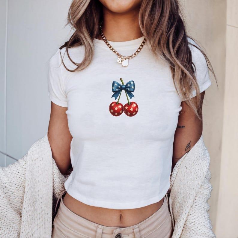 Cherries 4th of July Baby Tee for Women, Star Bow Summer Shirt, Independence Day Girl Baby Tee, Cute Memorial Day Outfit,...