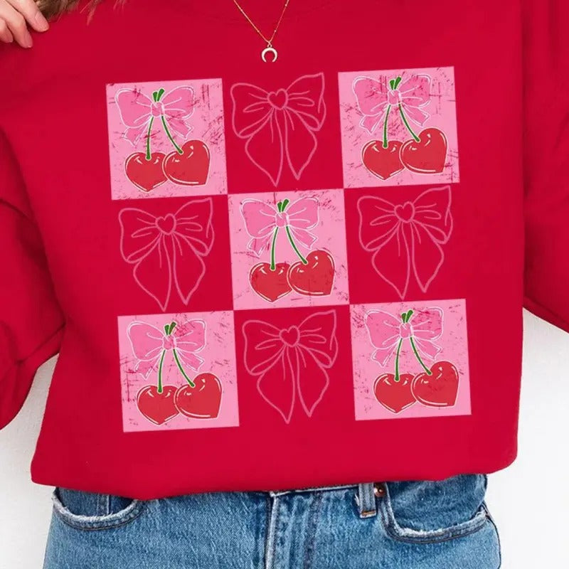 Cherry Love And Coquette Bows Heavy-weight Crew Sweatshirt Girly Valentine T-Shirts, Hoodie | PodTeesHub.com