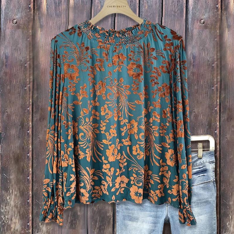 Cherrybetty Elegant Burnout Floral Mock Neck Long Sleeve Velvet Shirt Sweety Essential Comfort Elegant Outfits New Year's...