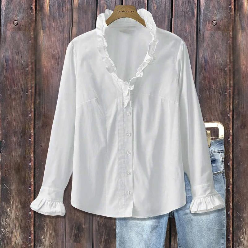 Cherrybetty Elegant Solid Stand Ruffle Collar Long Sleeve Shirt in Pure White for Everyday Wear Sweety Essential Comfort...