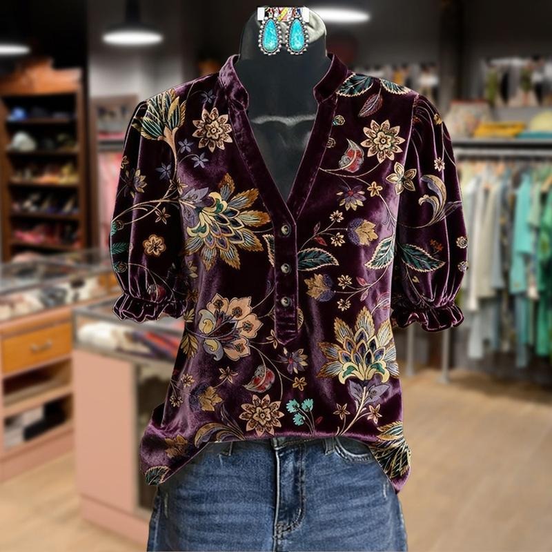 Cherrybetty Vintage Floral Print V-Neck Puff Sleeve Velvet Top Winter Outfits For Women Elegant Outfits Going Out Tops...