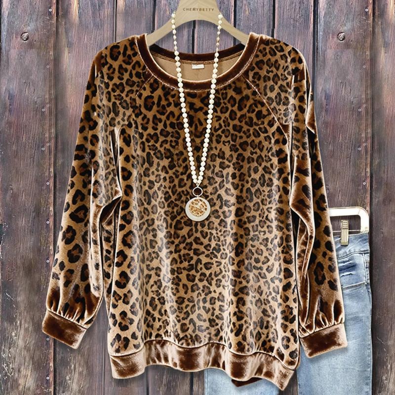 Cherrybetty Vintage Leopard Print Round Neck Long Sleeve Velvet Top Outfits For Women Comfort Elegant Outfits New Year's...