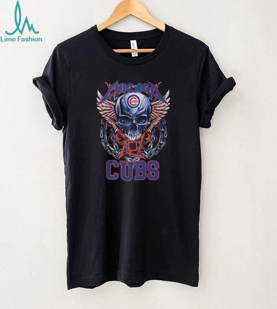 Chicago Cubs Red Blue Logo Skull Pink Wings And Heavy Metal Chains T Shirt