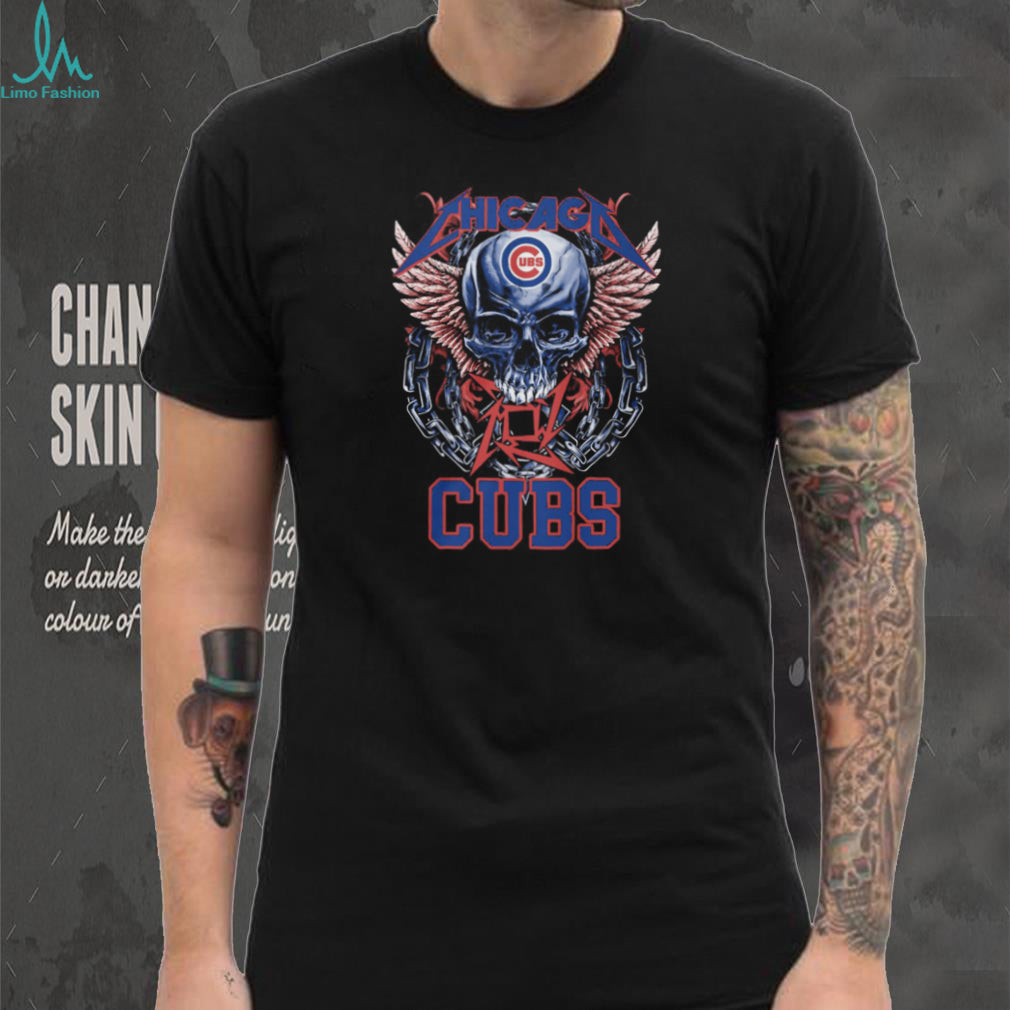 Chicago Cubs Red Blue Logo Skull Pink Wings And Heavy Metal Chains T Shirt