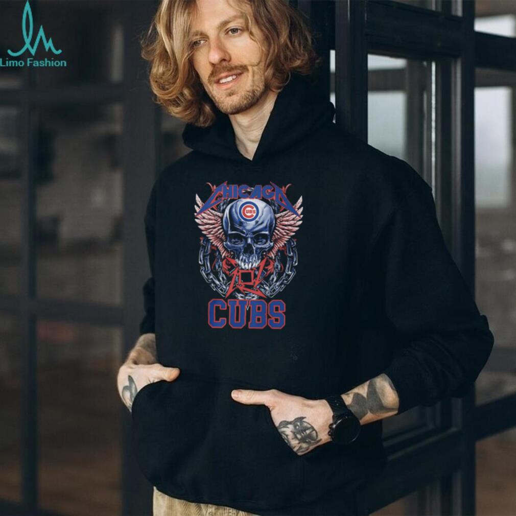 Chicago Cubs Red Blue Logo Skull Pink Wings And Heavy Metal Chains T Shirt